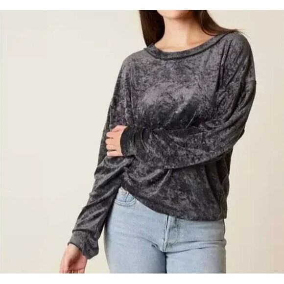We the Free Milan Crushed Velvet Top-Medium-Gray-Dolman Sleeve-Oversized - Picture 1 of 9